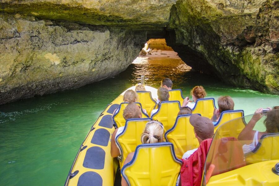 Albufeira: Benagil Caves & Dolphin Watching Speed Boat Tour - Entering Benagil Cave for a few minutes