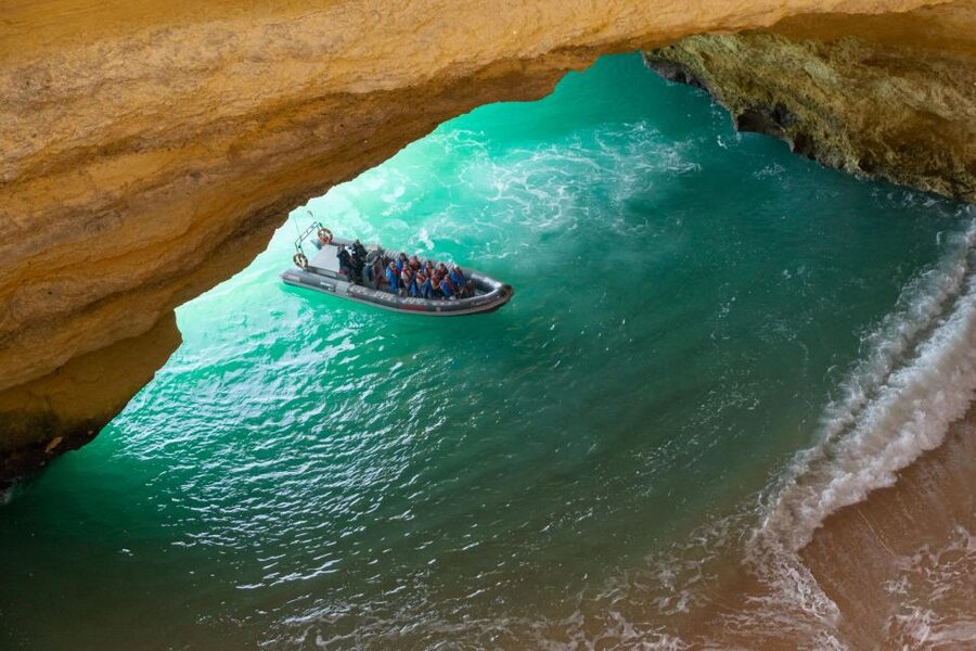 Albufeira: Dolphins & Benagil Caves RIB Tour - Benagil Cave from a smaller boat