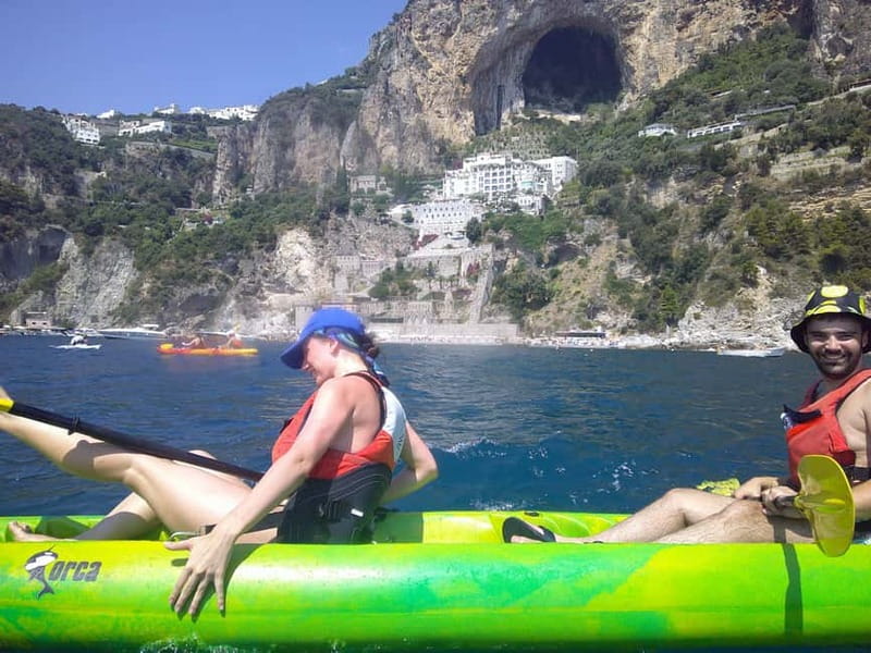 Amalfi Coast: Kayak, Snorkeling, Pandora Cave & Hidden Beach - Torre Normanna, a watchtower above the water
