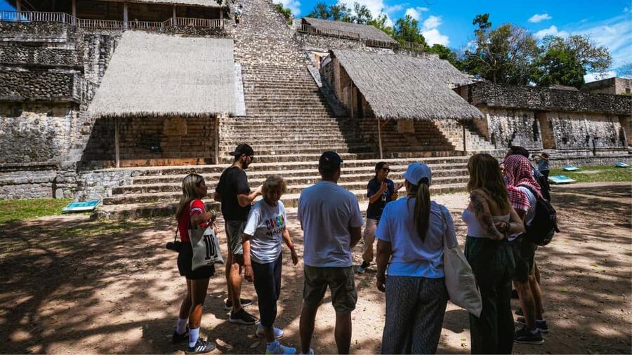 From Cancun: Ek Balam and Cenote Tour with Lunch & Transfer - Climbing the acropolis at Ek Balam